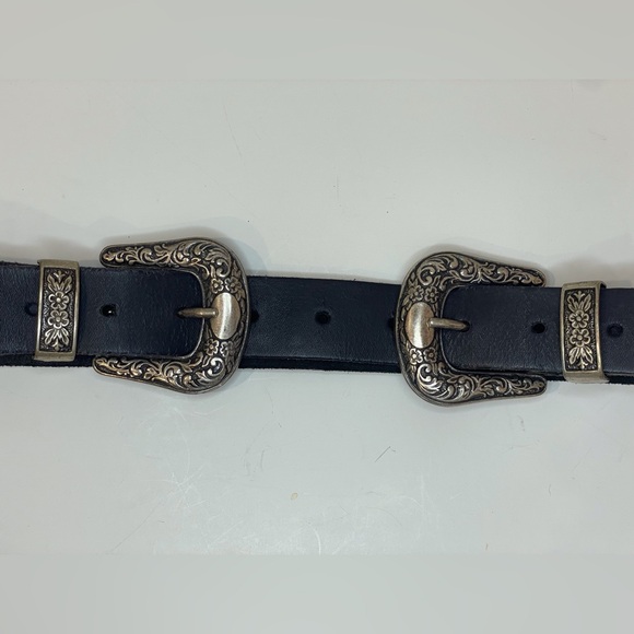 Western Black Leather Belt with Double Silver Buckles‎ Size 30/32 - Picture 5 of 5